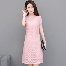 夏季新款低领改良旗袍连衣裙中长款韩版显瘦中年女装时尚蕾丝裙子