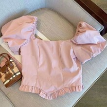 女童衬衫夏季新款泡泡袖方领短袖衬衫韩版中大童粉色花边短款上衣