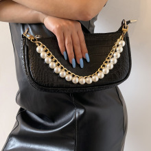 欧美跨境时尚潮流铝链手提包串珠肩链 复古简约珍珠合金扣包包链