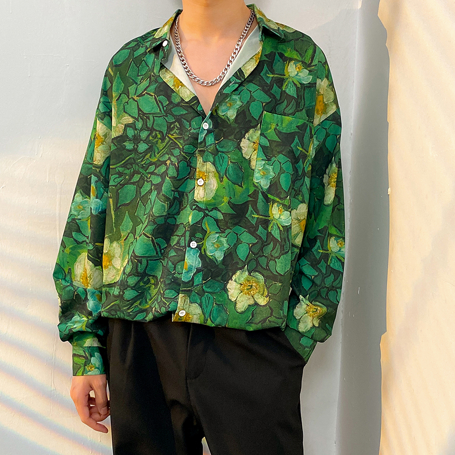 港风潮牌新款时尚痞帅花衬衫男宽松复古个性印花长袖衬衣气质男装