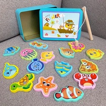 儿童铁盒木质磁性钓鱼亲子互动玩具15条鱼趣味早教教具1-5岁