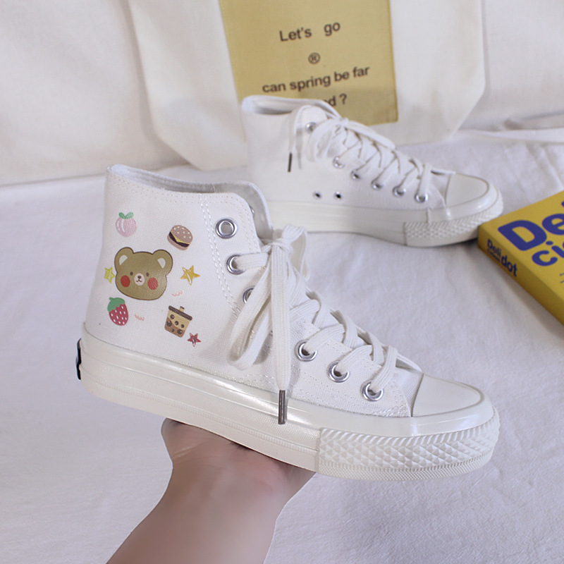 2022春季新款高帮鞋手绘卡通小熊帆布鞋女生ins百搭彩色平底板鞋