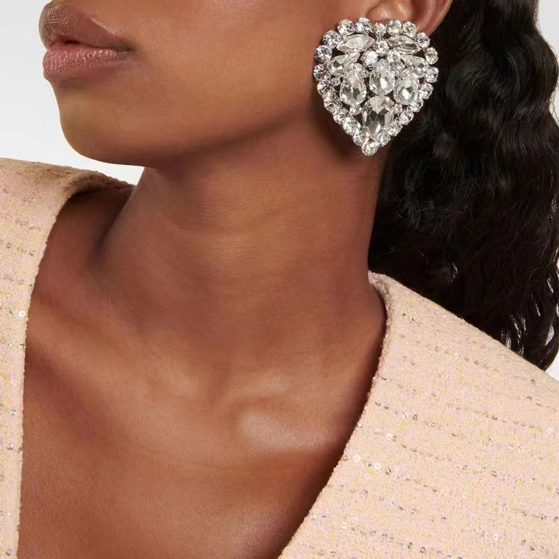 欧美跨境满钻夸张水钻大爱心心形耳环闪亮夜店宴会气质耳钉耳饰女