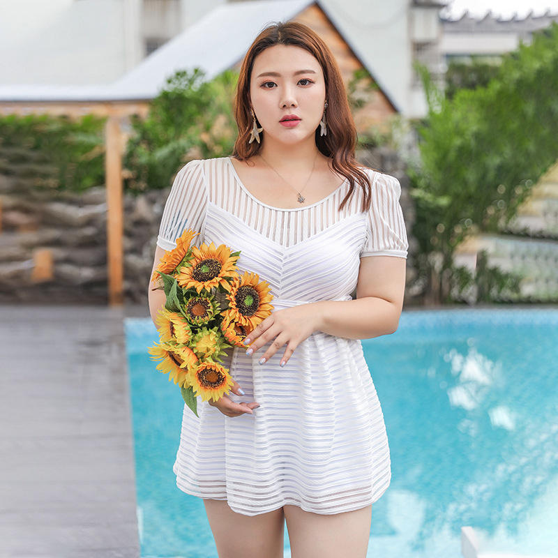 艾沫薇泳衣女大码胖mm遮肚显瘦200斤遮肉连体白色胖女生2021时尚