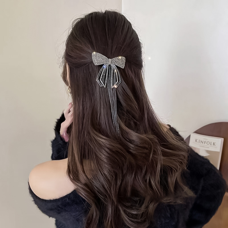 新款轻奢高级感镶钻蝴蝶结流苏发夹女后脑勺半扎发弹簧夹顶夹子