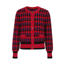 外贸工厂定制复古时尚气质红黑圆领千鸟格纹针织开衫女式毛衣