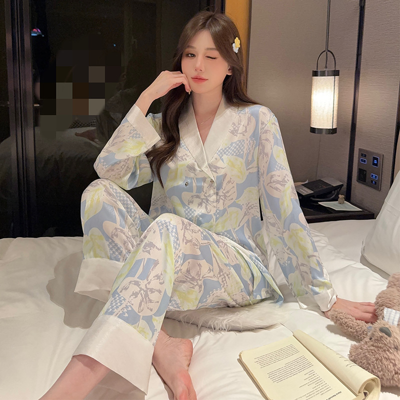 睡衣女春夏季薄款丝冰丝长袖甜美套装2024年新款网红可外穿家居服