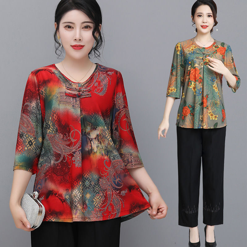 Middle-Aged and Elderly Women's Dress Summer Clothes T-shirt Women's 2023 New Loose Large Size Top Women's Summer All-Matching Printed Small Shirt