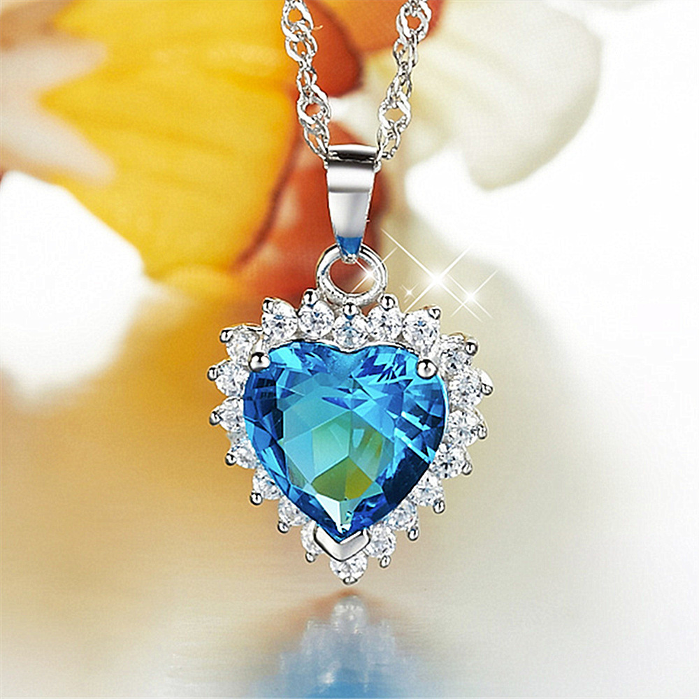 新品韩版海洋之心镀银项链女士锁骨链跳动的心 蓝钻吊坠颈脖首饰