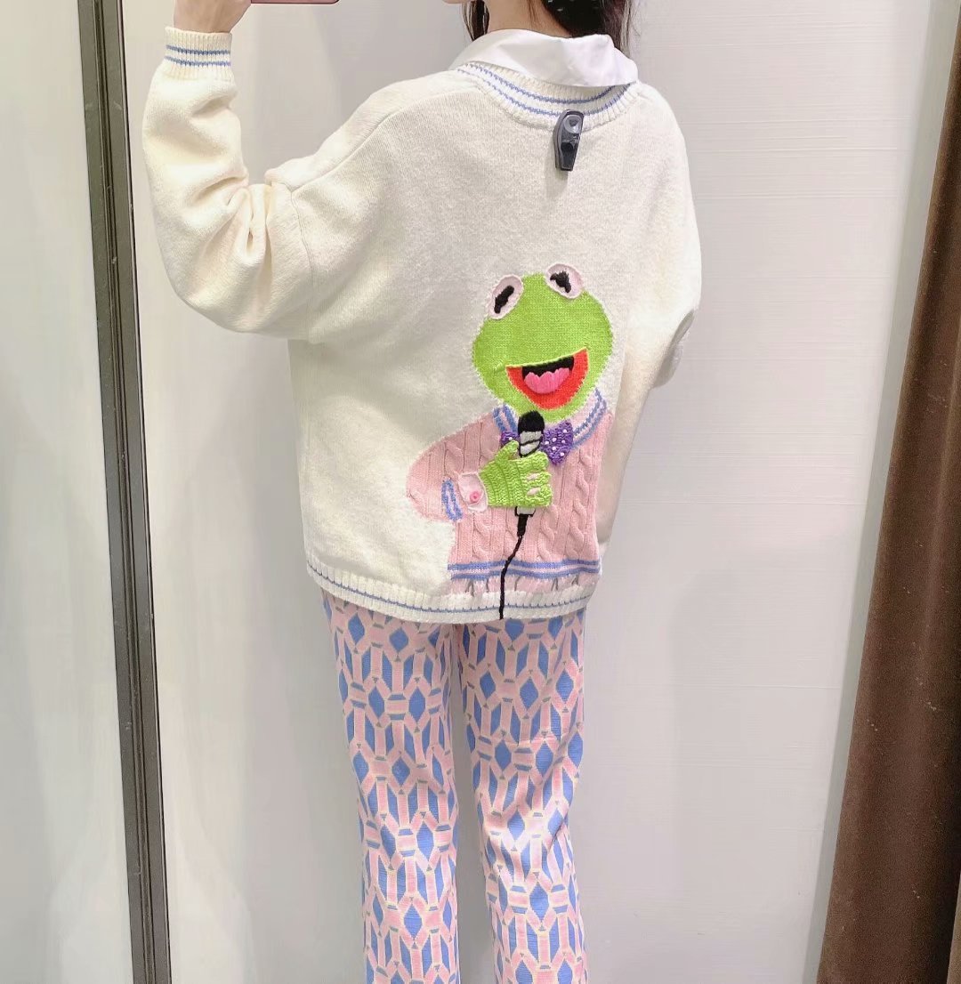 外贸2021秋季新款女装慵懒风青蛙针织衫开衫外套休闲毛衣0021100