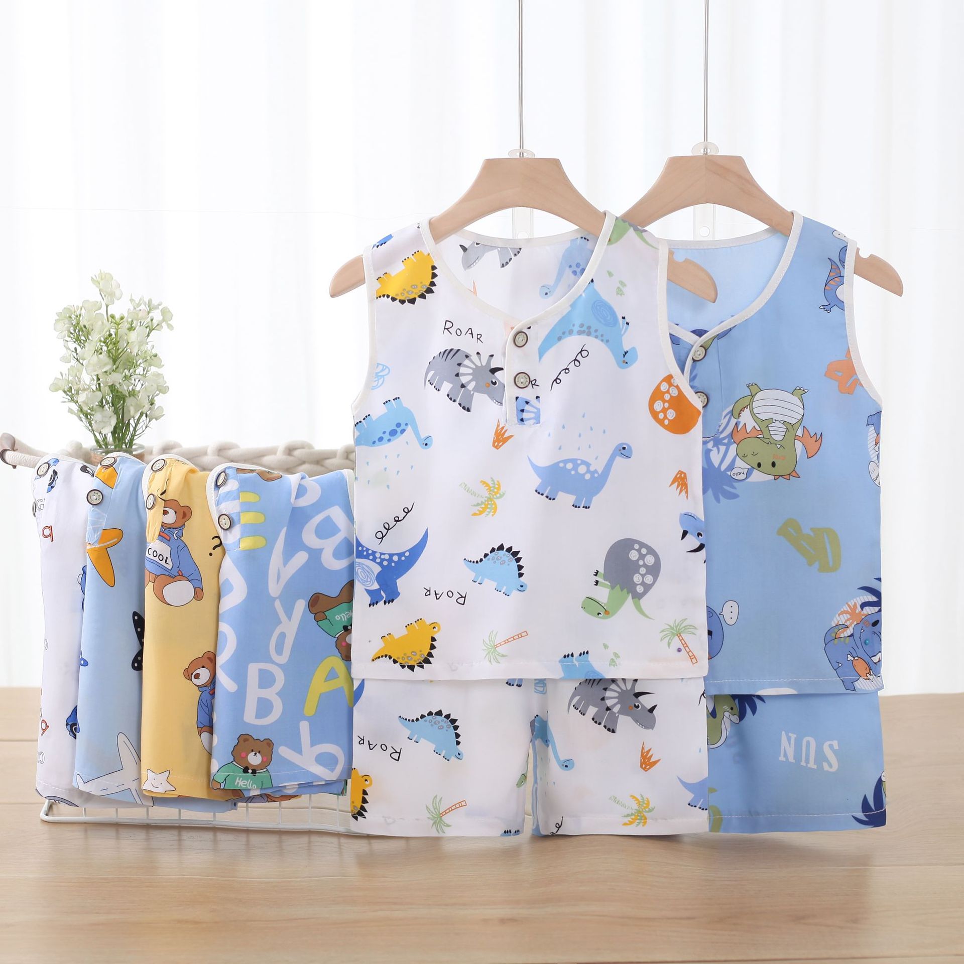 Children's Summer Cotton Silk Vest Suit Boys and Girls Cartoon Sleeveless Base Shorts Homewear Summer Baby Suit