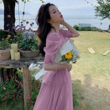 紫色仙甜美连衣裙女夏季新款韩系宽松版气质仙女裙遮肉流光长裙