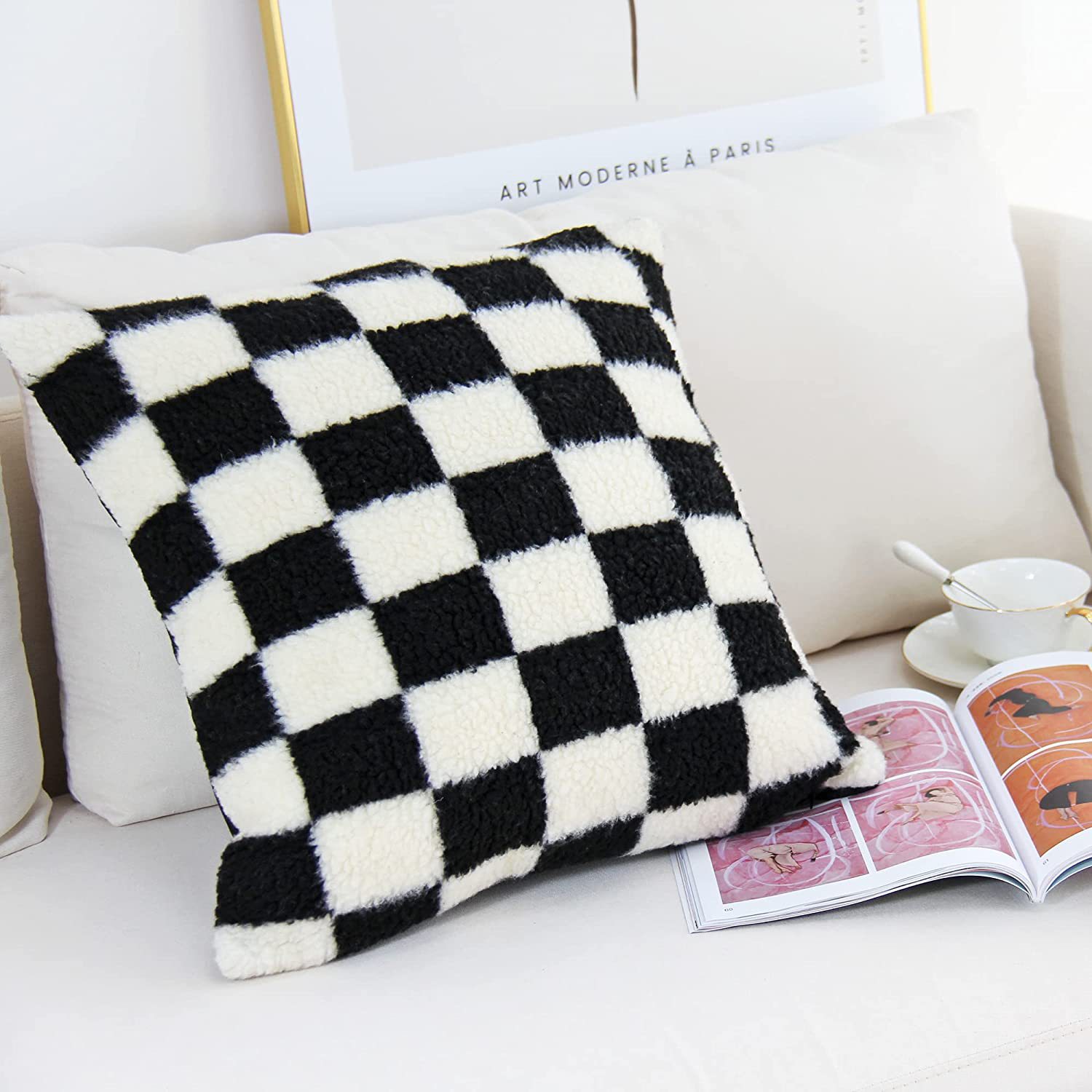 Amazon Hot Sale Chessboard Plaid Pillow Black and White Plaid Pillow Cover Living Room Hand Warmer Plush Pillow Sofa Cushion Lumbar Pillow