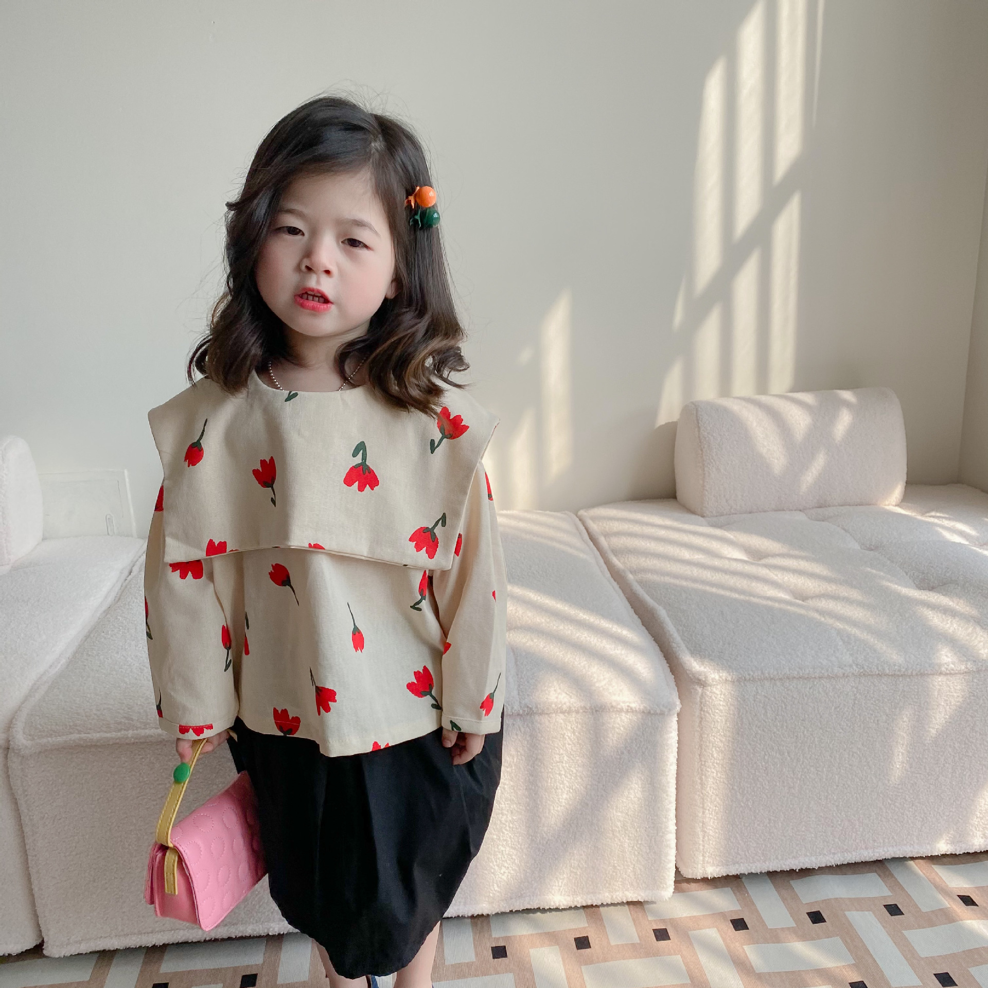 韩国童装2022女童春款甜美风满印凤尾花花朵棉麻大翻领娃娃衫上衣