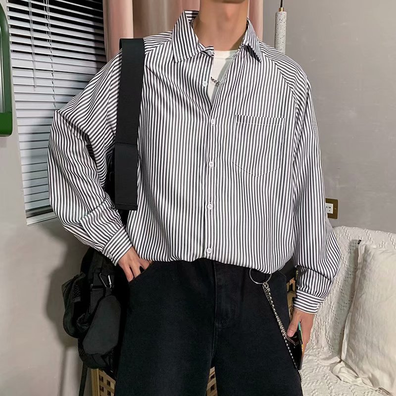 长袖衬衫男2019秋季新款条纹衬衣男韩版修身潮宽松潮牌寸衫男