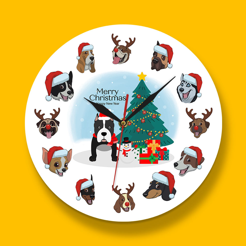 圣诞狗头钟萌宠动物表情钟小狗狗黑色指针时钟书房客厅创意挂钟