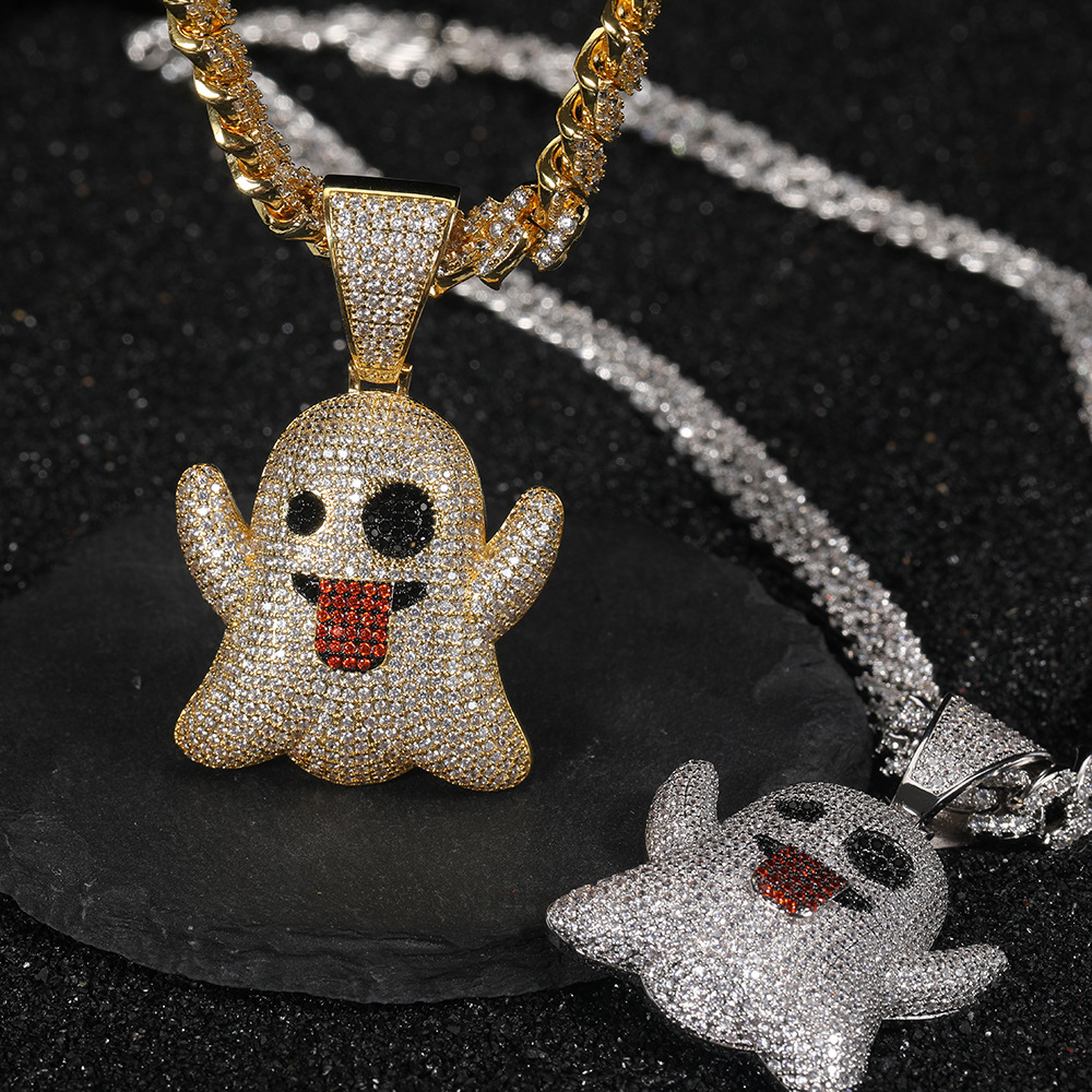 欧美热卖吐舌头搞怪表情大幽灵嘻哈吊坠微镶锆石潮人饰品男士项链