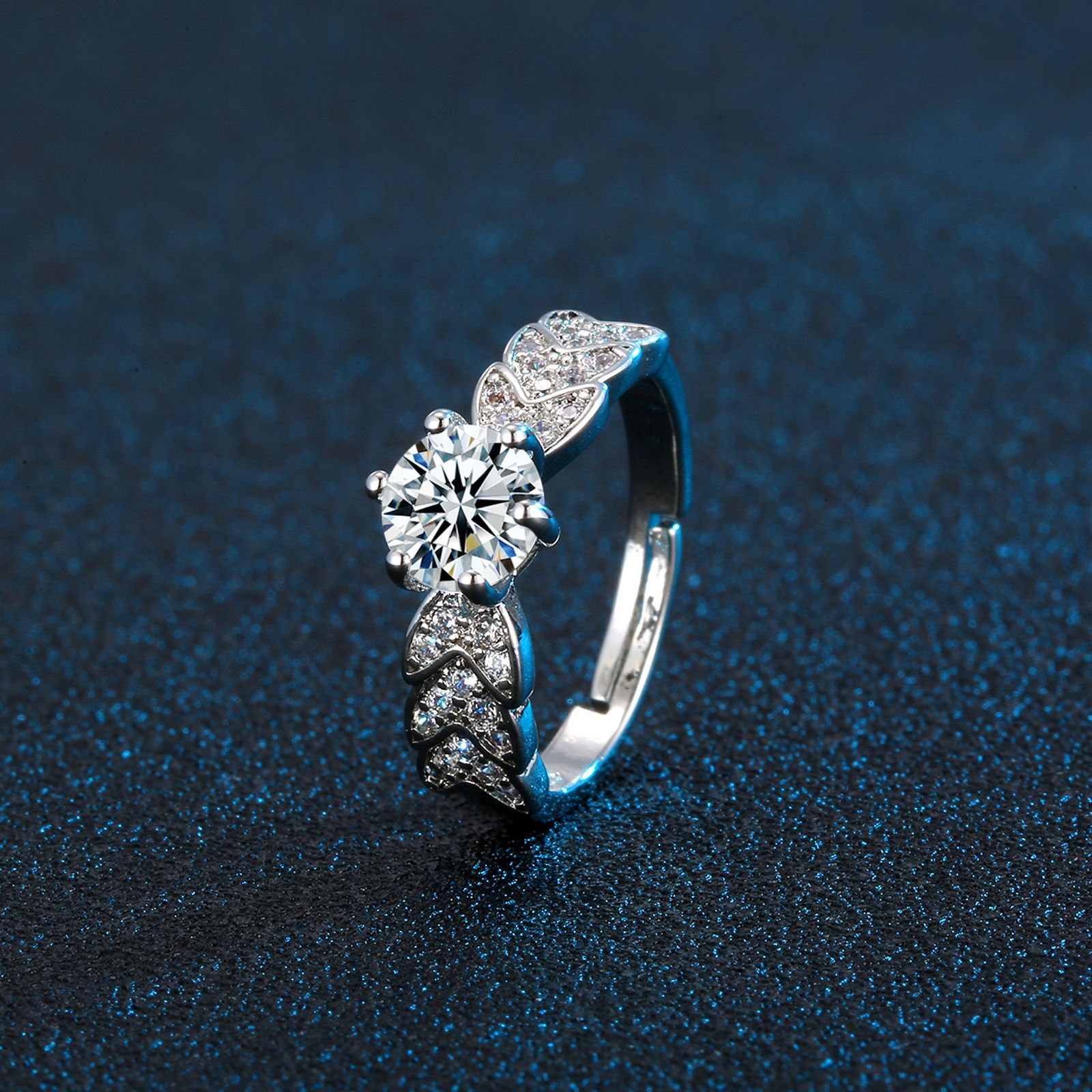 热卖银色羽毛戒指 少女ins个性一克拉天使日系微镶锆石树叶开口戒