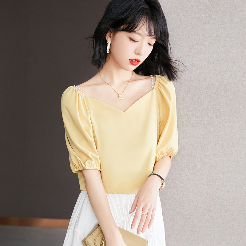 夏季新款法式短袖方领雪纺衫女甜美高端一字肩上衣宽松