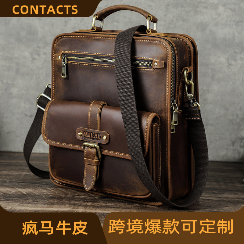 黑天使复古疯马牛皮两用男士手提斜挎包大容量男款真皮单肩男包包