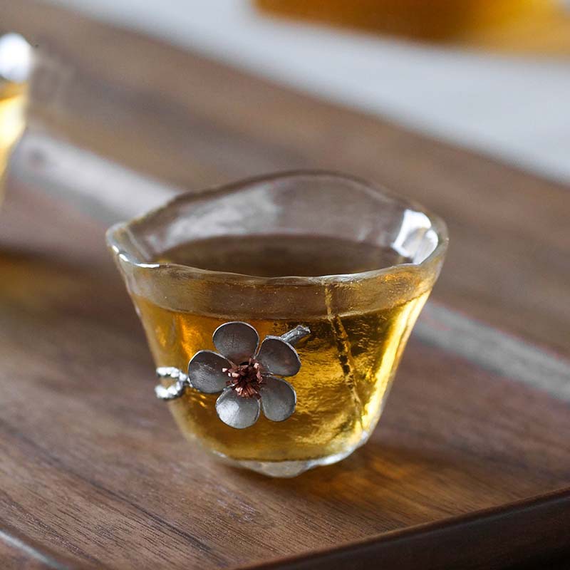 日式玻璃锤纹杯手工玻璃品茗杯小茶杯贴梅花款特色茶杯功夫茶具
