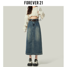 Forever  21高腰开叉牛仔半身裙女2023新款春秋季a字半裙包臀长裙