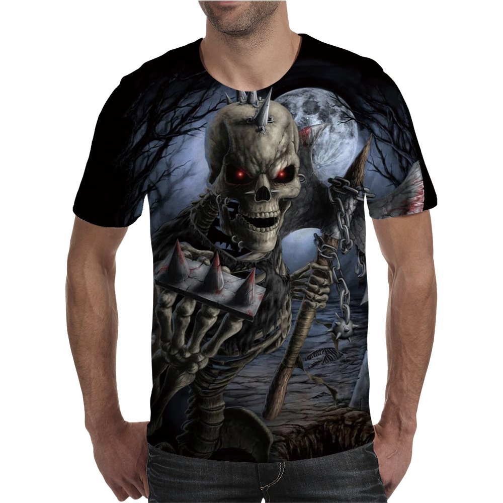 新款男式t恤欧美个性3d图案骷髅恶魔印花 宽松短袖亚马逊速卖通
