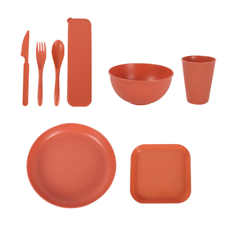 Amazon Cross-Border Wheat Straw Tableware Set 32-Piece Macaron Color Food Grade Environmental Protection Camping Tableware