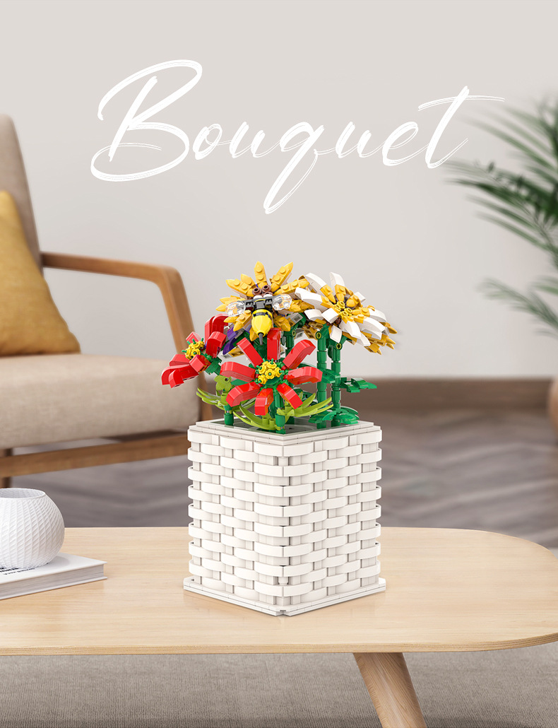 buildmoc 原创设计 花和花瓶和蜜蜂 兼容乐高益智拼装积木