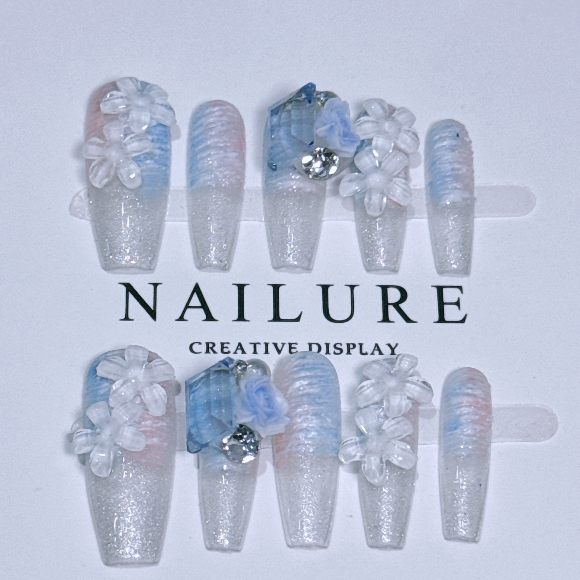 手工穿戴甲 蓝色恋人小红书抖音爆款晕染涂鸦纯手工穿戴精品美甲