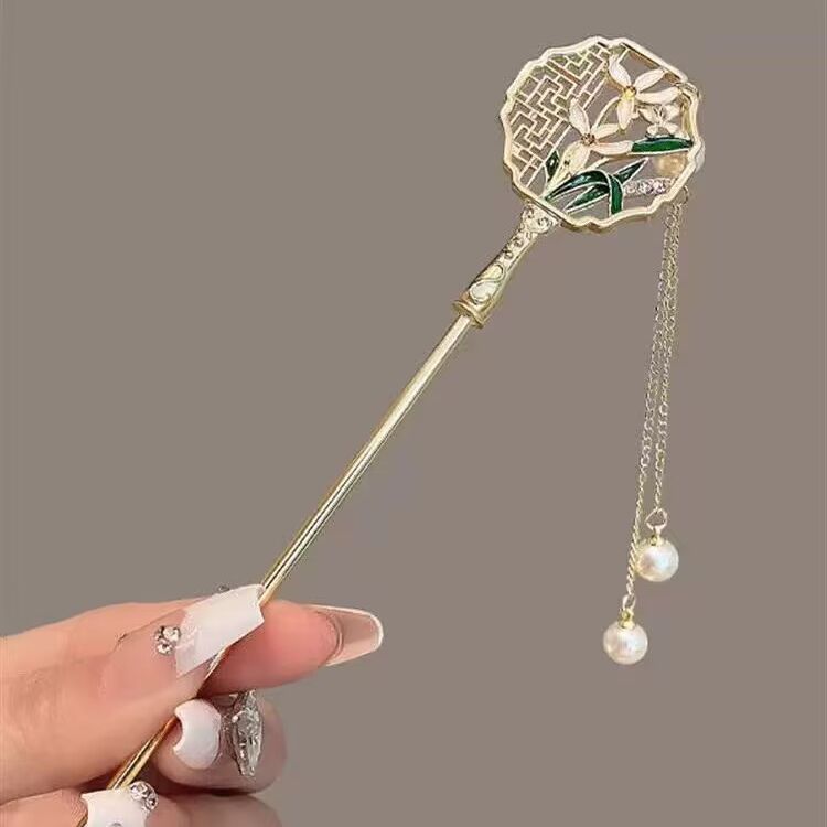 古风汉服扇子发簪流苏珍珠簪子后脑勺发钗高级感盘发复古发饰发夹