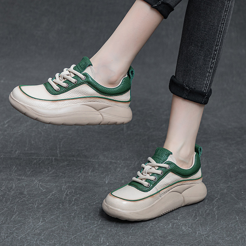 Cowhide Casual Shoes-8 First Layer Lightweight Platform Female Lace-up Student Board Shoes Retro Color Matching Sports Shoes Autumn