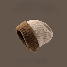 简约双色拼接毛线帽子女秋冬季保暖百搭双面护耳帽包头粗线针织帽
