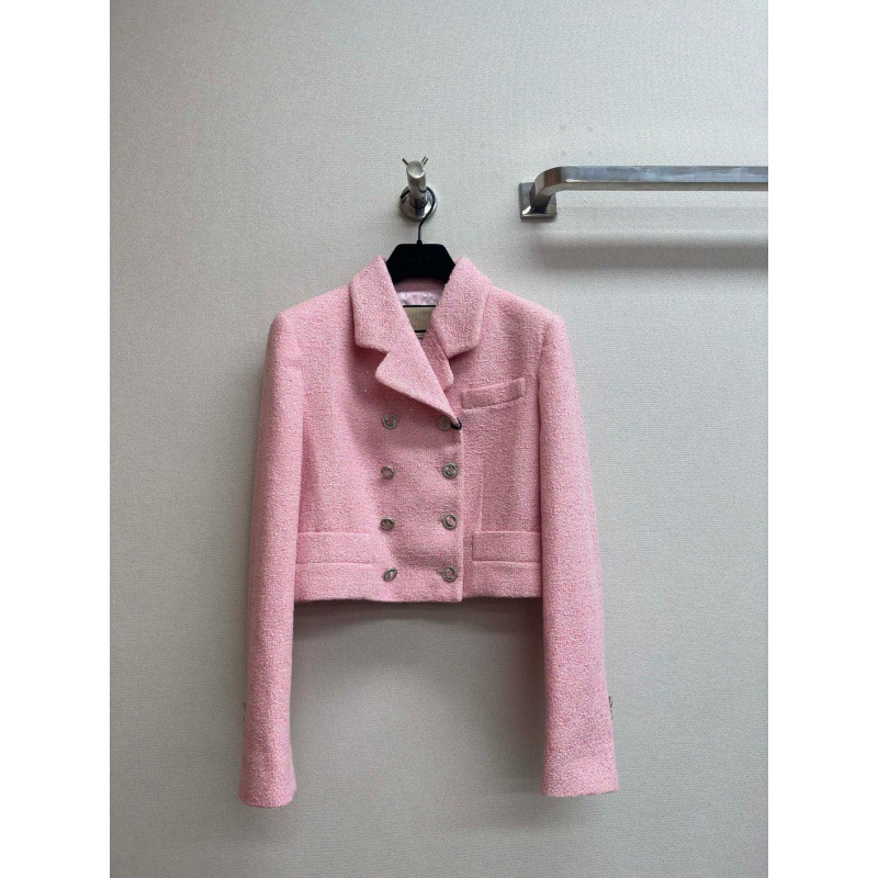 深圳南油货~高版本2024早春新品浅粉色双排扣短款毛呢西装外套女