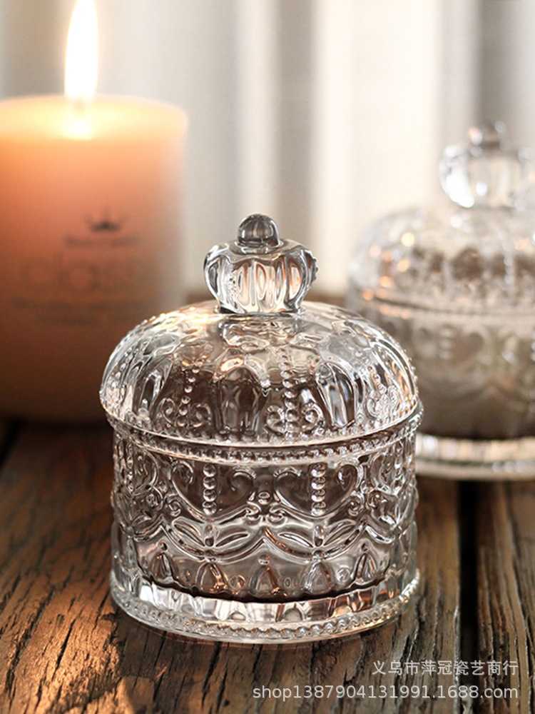 Crown Relief Creative Glass Jar Crystal Vintage Coffee Glass Candy Box Chopsticks Jewelry Cotton Swab Storage Jar with Lid