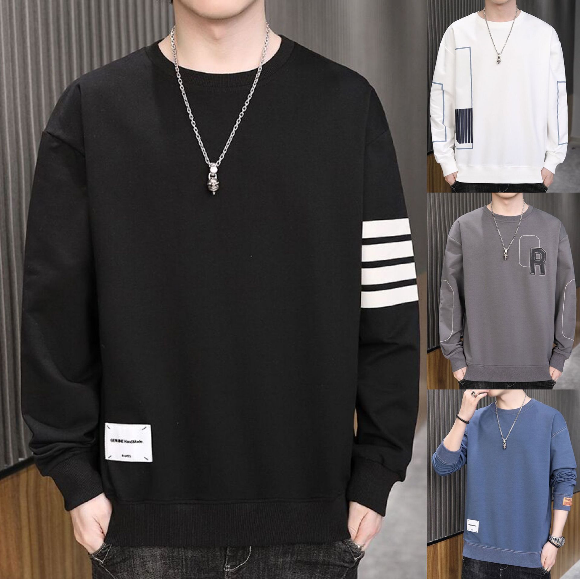 sweater men‘s spring and autumn new casual trend pu shuai youth men‘s clothing round neck top men‘s undershirt long sleeve t-shirt