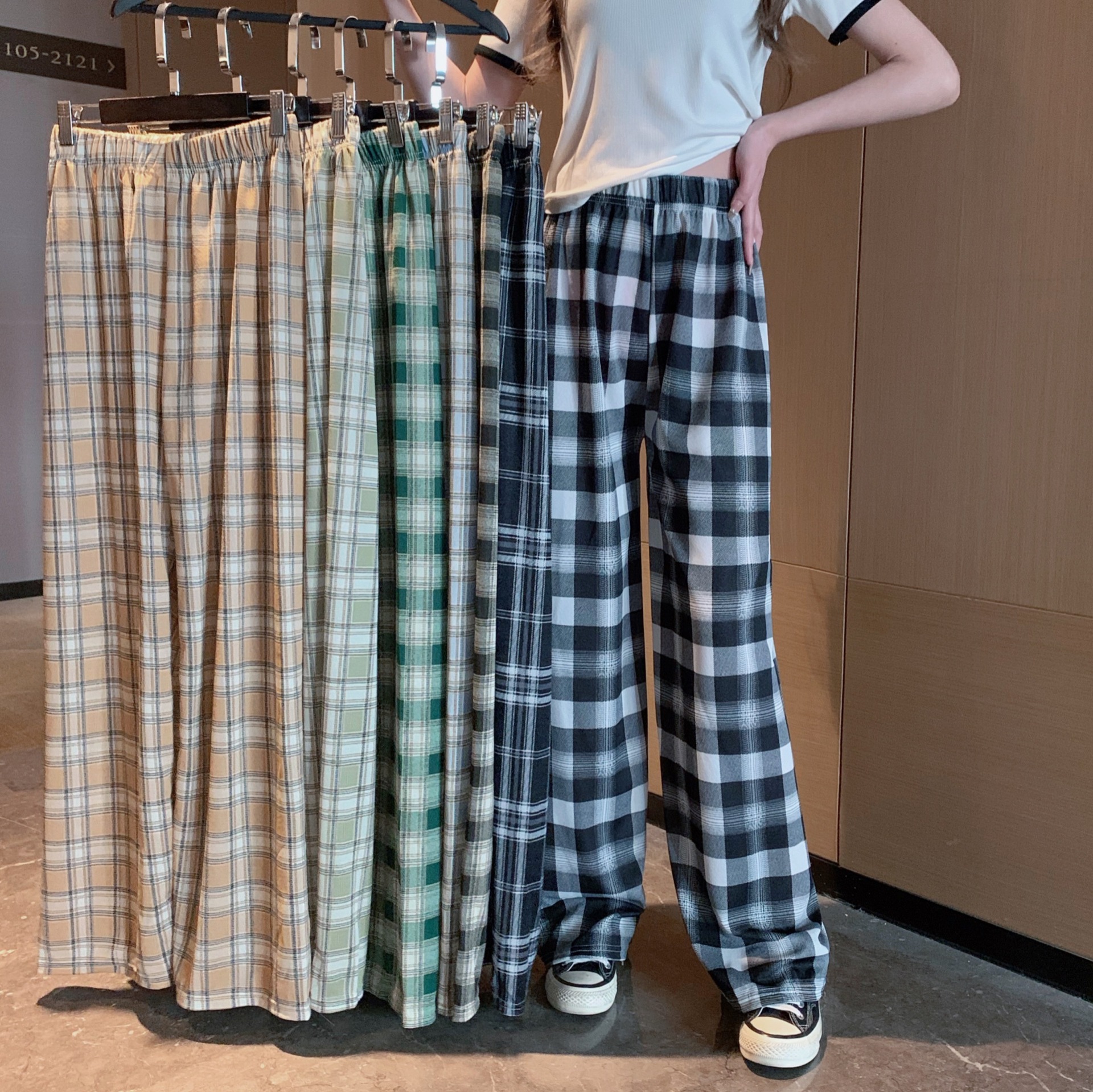 棋盘格子阔腿裤女学生裤韩版轻薄宽松高腰直筒休闲显瘦裤