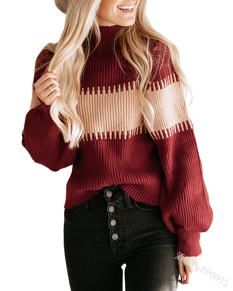 2021跨境外贸女士双色拼接长袖圆领休闲运动毛衣上衣多色