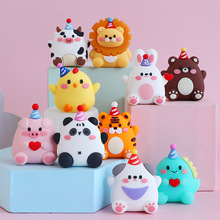 新款卡通生日帽小动物软胶摆件熊猫恐龙老虎兔子小熊蛋糕装饰玩偶