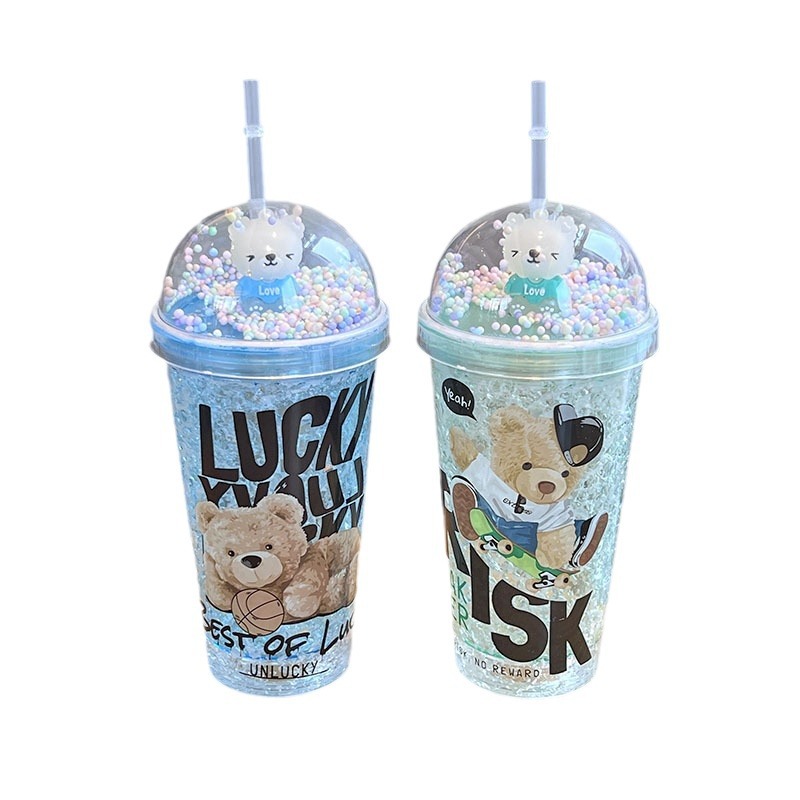 New Summer and Autumn High-Looking Ins Cartoon Plastic Straw Cup Creative Glitter Ice Cup Spot Factory Direct Sales