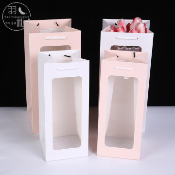 开窗透明礼品袋情人节白卡纸袋长方形小花束鲜花礼物袋玩偶手提袋