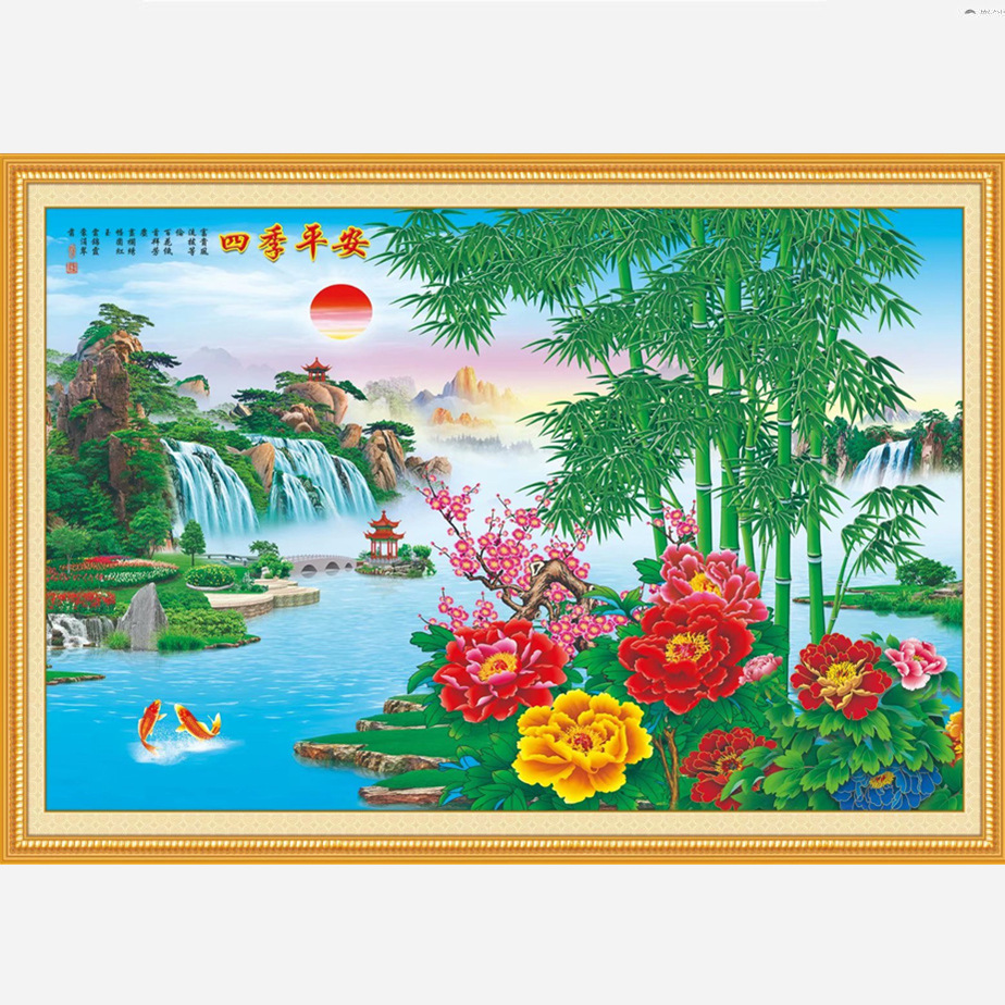 风水画瀑布山水风景画客厅家居墙画年画装饰画四季平安贴画俩批发
