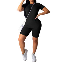 跨境女装 夏季新款欧美独立站运动短袖T恤 紧身裤套装时尚休
