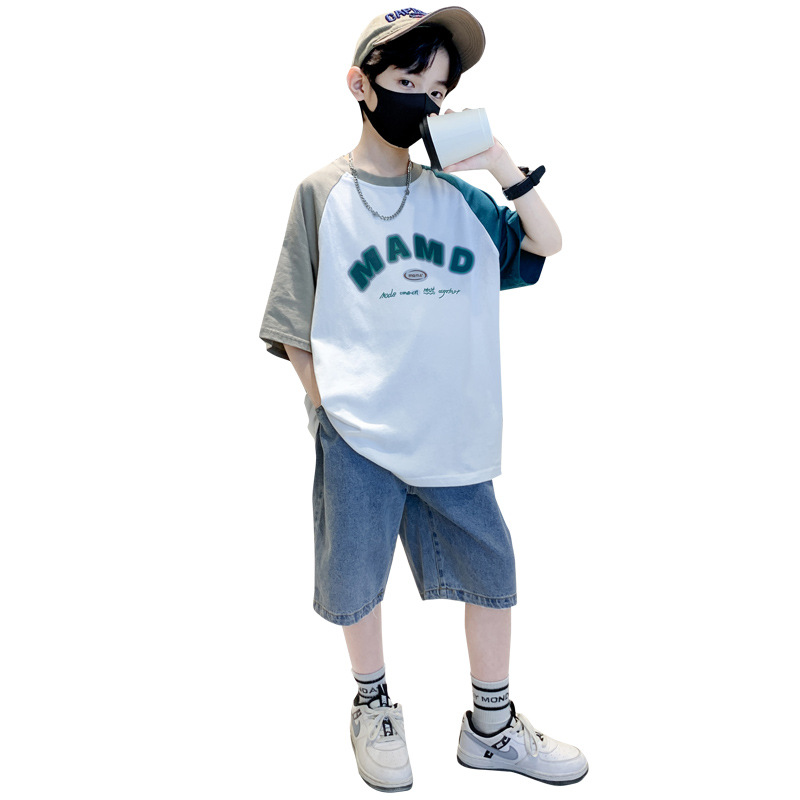 Boys Summer Clothes T-shirt 2024 New Children's Summer Fried Street Boys Short Sleeved T-shirt Two-Piece Suit Fashionable One Piece Dropshipping