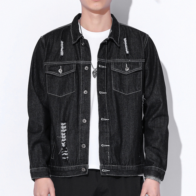秋冬新款男式牛仔衣夹克宽松休闲黑色破洞刺绣外套修身上衣男装潮
