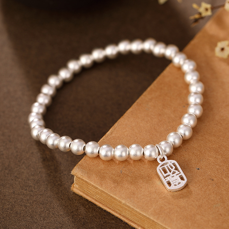 s999足银平安如意古法珠子手链女复古简约风纯银手串批发一件代发