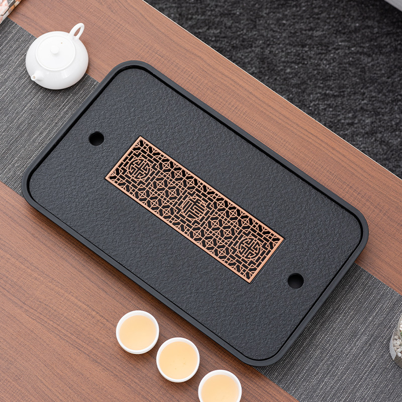 High-End Tea Tray Household Small Imitation Black Stone Tray Kung Fu Tea Set Tea Pitcher Row Water Storage Dual-Use Bamboo Tea Tray Wholesale