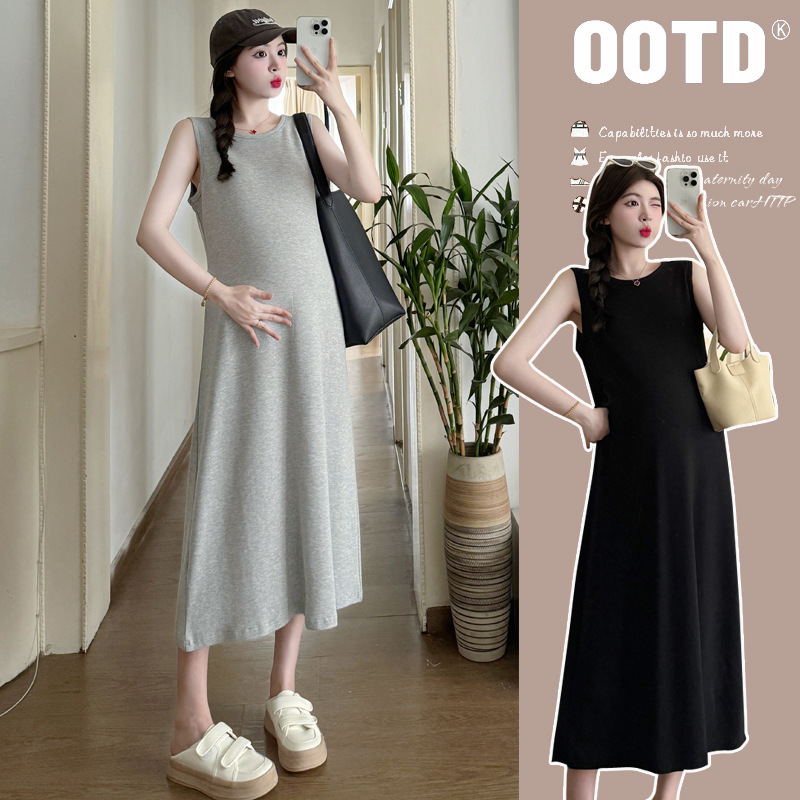 孕妇夏装连衣裙中长款背心宽松外出洋气潮妈外出孕妇装夏天裙子女