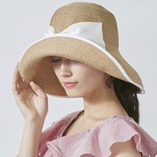 夏季防晒大檐草帽女优雅蝴蝶结包边遮阳帽可折叠草编盆帽沙滩帽