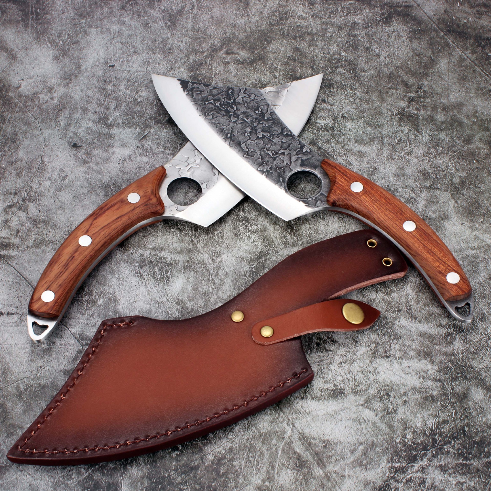 锻打指环小菜刀锤纹花梨木柄高碳钢家用户外杀鱼剔骨割肉屠宰刀